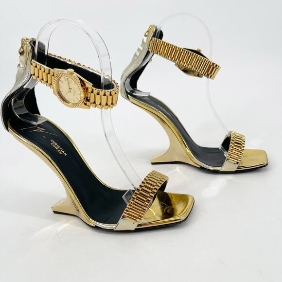 Giuseppe Zanotti for Christian Cowan Gold Watch Buckle Wedge Sandals IT 37.5 - Picture 2 of 15